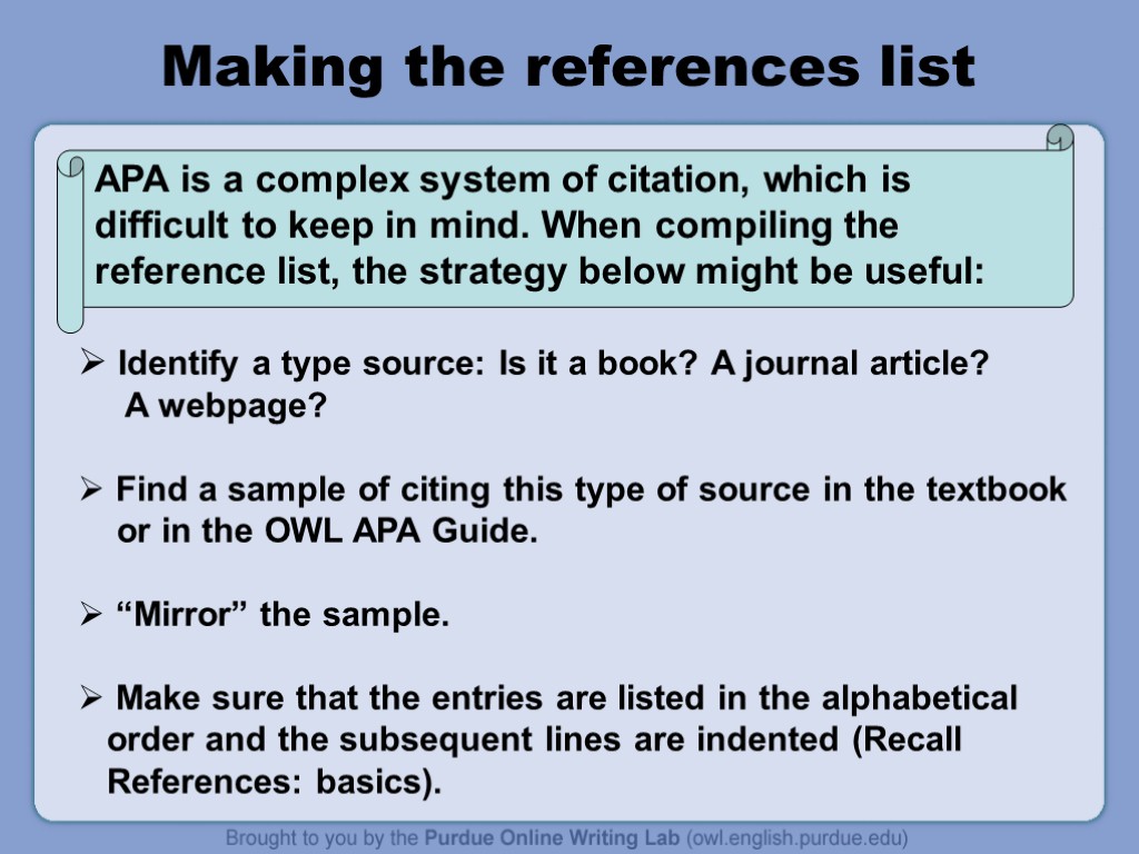 Making the references list Identify a type source: Is it a book? A journal